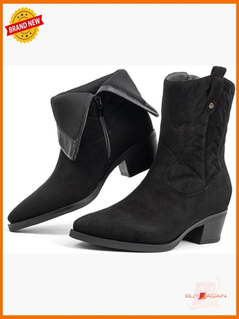 Cowboy Boots Mid Calf Pointed Toe Block Heel Western Booties